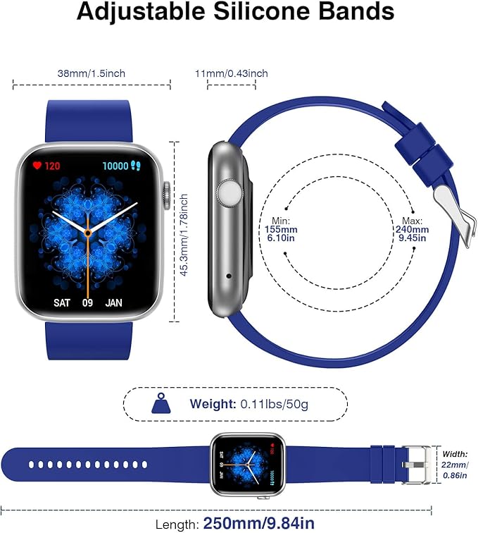 Smart Watches for Men Women with Blood Pressure Monitor, 1.9'' HD Full Touch Screen Fitness Tracker, 123 Sports Modes, Waterproof Smartwatch with Heart Rate, Blood Oxygen Compatible Android and iOS