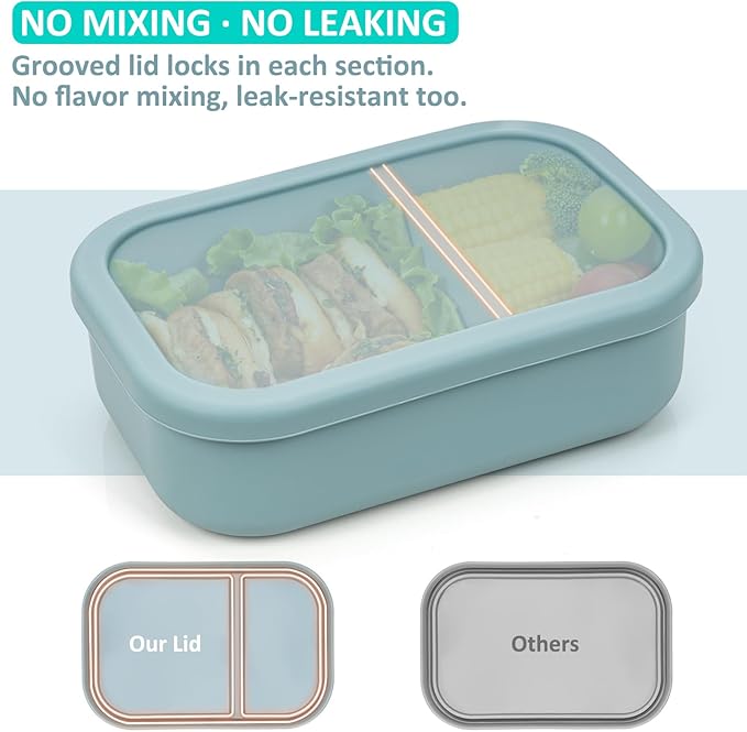100% Silicone Bento Box Adult with 2 Compartments, 32oz, Reusable Divided Lunch Box Meal Prep Containers for Entree and Side Food Snack Storage, BPA-Free Plastic-Free, Microwave Dishwasher safe, Green