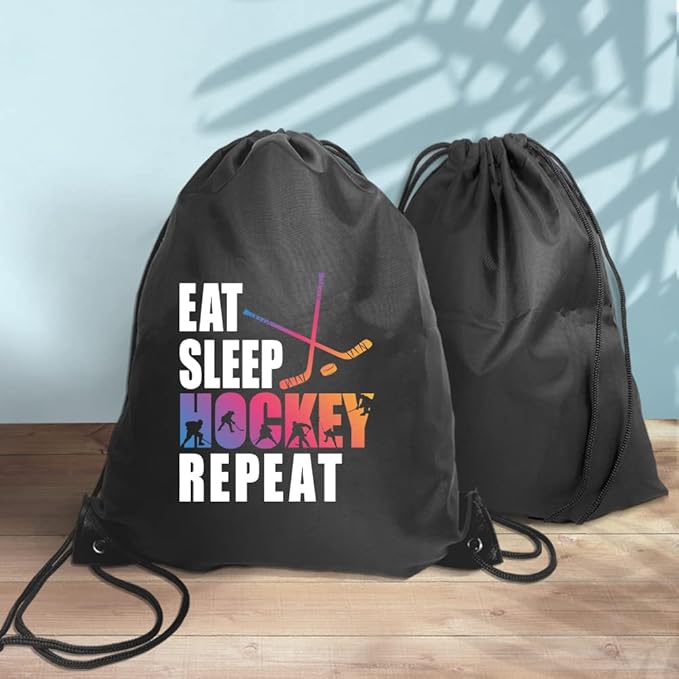 Haizct Eat Sleep Hockey Repeat Backpack, Gifts for Hockey Fans, Gymnasts Gift, Unisex Drawstring Backpack Bag for Gym Shopping Sport Yoga Dance Rehearsa