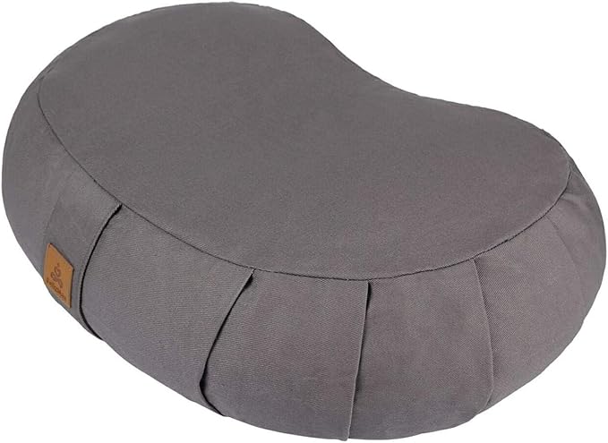 Crescent Zafu Meditation Pillow, D=17" W=11" H=5.5" Zabuton Yoga Bolster, Meditation Cushion, Floor Pouf Yoga Pillow Zippered Organic Cotton Cover Natural Buckwheat kneeling pillow - Large