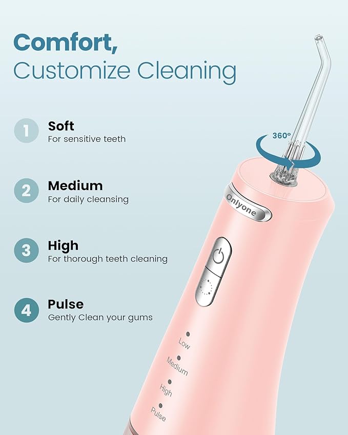 Onlyone Water Dental Flosser Pick for Teeth, 300ML Portable Oral Irrigator, Rechargeable Travel Irrigation Cleaner, Professional Electric Flossing Machine Birthday Gifts for Women,Mom,Girlfriend Pink