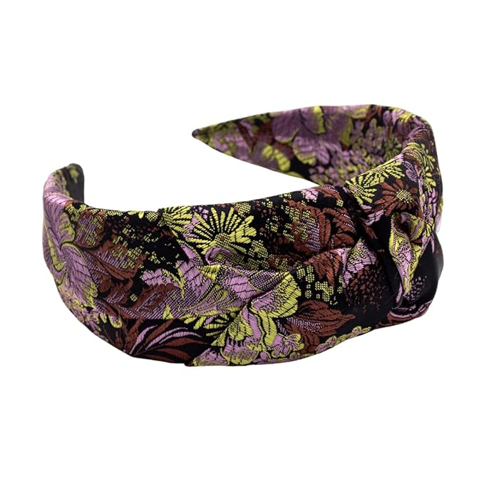 Knotted Headband for Women (Dark Purple Baroque), Wide Modern Knotted Black Satin Headband with Dark Purple Baroque Pattern