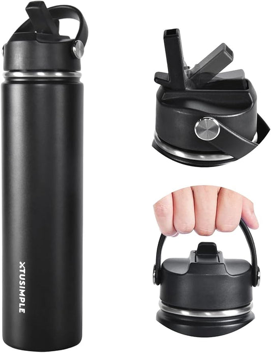 24oz Insulated Travel Water Bottle - Stainless Steel, Leakproof - Keep Hot for 12hrs & Cold for 30hrs - for Outdoors, Sports, Bike, Gym, Marathon - Gift for Women, Men (Black)