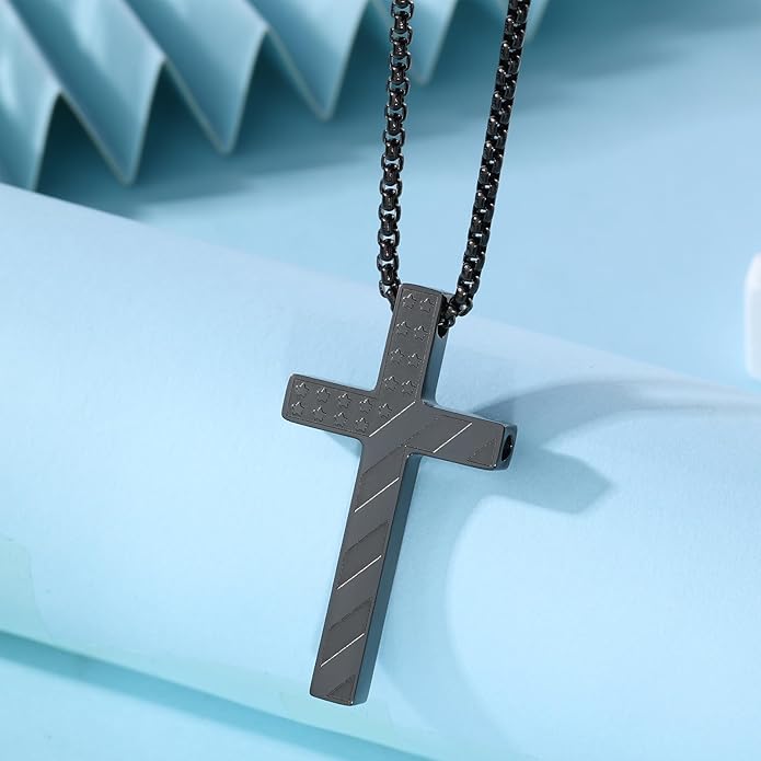 American Flag Cross Breathing Necklace for Women Men Quit Stop Smoking Stainless Steel Inspirational Bible Verse Anxiety Relief Mindfulness Jewelry for Stress Relief Christian Meditation Gift