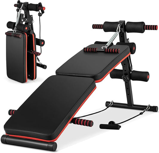 Goplus 7 in 1 Sit up Bench, Foldable Workout Bench w/4 Position Adjustable Height, Multi-Layer Structure Cushion & 2 Elastic Ropes, Workout Equipment for Home Gym Fitness, 330 LBS