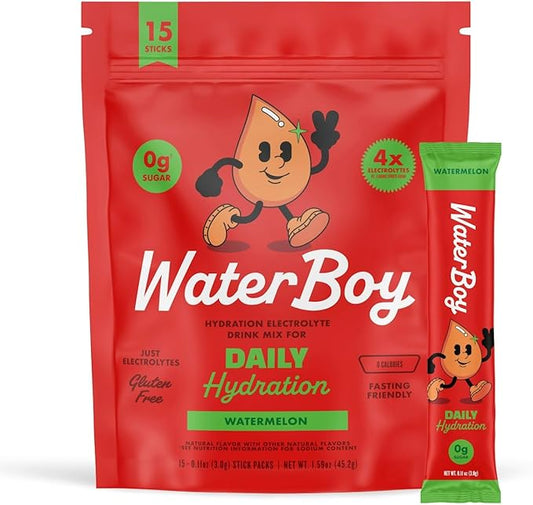 Waterboy Daily Hydration | 1,570mg Electrolyte Powder Packets | No Sugar, All Natural, Gluten Free, Zero Calories | 15 Drink Stick Mixes (Watermelon)