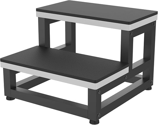 GIOTORENT 2 Step Stool Black with 1cm Non-Slip Pads - Heavy Duty 500lbs Wooden Step Stools for Adults, Bed Steps for High Beds, Adjustable Feet Kitchen Step Stool