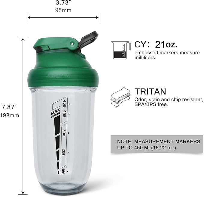20 oz protein shaker bottle, TRITAN Plastic, BPA/BPS Free Whey Protein Drink Cups for Pre-Workout and Gym, Blender Shaker for Blending Protein Shakes, Overnight Oats and Smoothies (green)