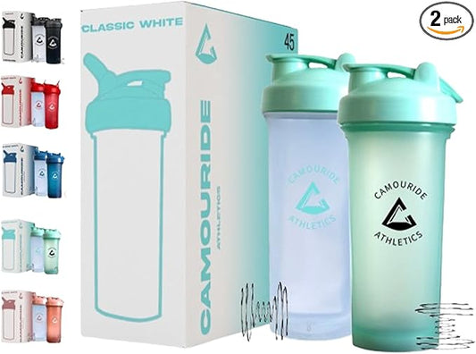 2 Pack 45 oz Protein Shaker Bottles with Wire Whisk – BPA-Free, Leak-Proof Shaker Cups for Protein Shakes & Smoothies – Large Plastic Mixer Bottle – Classic White Titan Turquoise