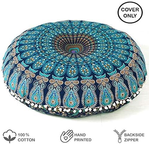 Eyes of India - Mandala Floor Pillow Cover Meditation Cushion Seating Throw Hippie Round Colorful Decorative Bohemian Indian Pouf Ottoman Handmade Cover ONLY (A1 Dark Blue-1, 32" x 32")