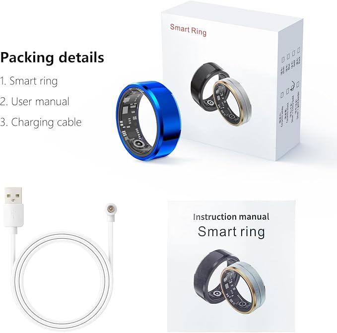 Fitness Tracker Smart Ring,Step Counter,Heart Rate Blood Oxygen Sleep Tracker Health Ring, 6ATM Waterproof Long Battery Life Smart Rings Compatible with iOS & Android (Blue US11)