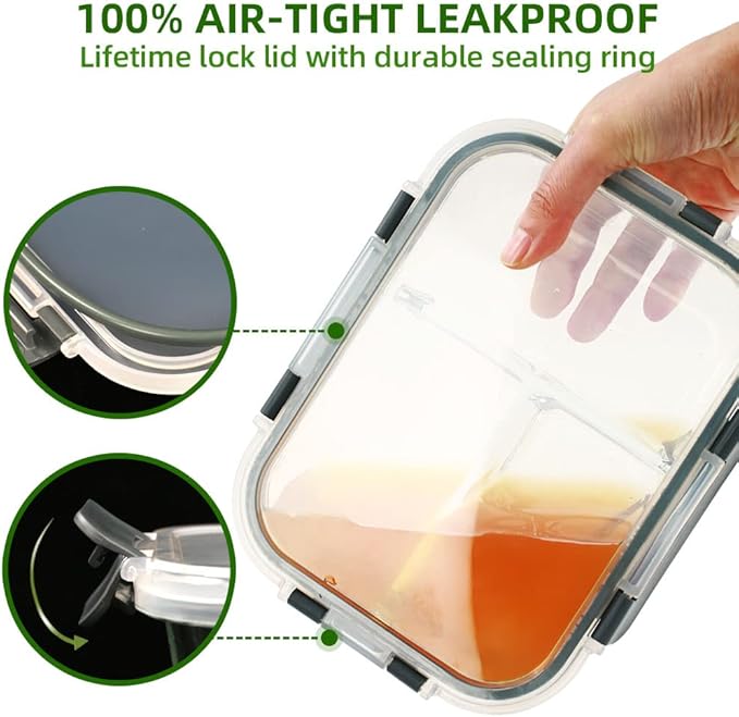 DAS TRUST 3 Pack Bento Box Glass Meal Prep Container 3 Compartment Glass Food Storage Containers with Lids Meal Prep Bowls Lunch Box for Oven