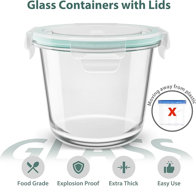 3 Cup Glass Meal Prep Containers With Turquoise Lids, Airtight 23oz glass Storage Container Set, Heat-Resistant BPA-Free for feeding the Southern Starter, Microwave, Dishwasher, Freezer Safe (6 Packs)