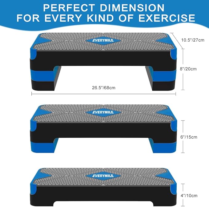 EVERYMILE Aerobic Exercise Step, Adjustable Aerobic Stepper for Exercise, Workout Step Platform, Step Up Box, 26.5" Step Deck with 4” 6” 8” Adjustable Height Risers, Women Home Gym Fitness