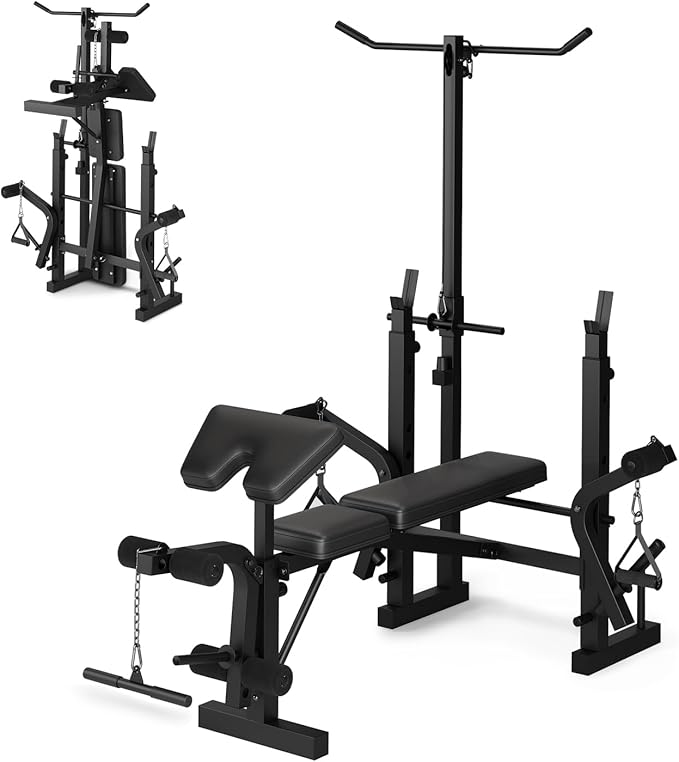 Weight Bench, Foldable Bench Press Set with Leg Extension, Adjustable Workout Bench with Rack & Preacher Curl Pad, Flat Incline Bench for Weight Lifting, Fitness Strength Training for Home Gym