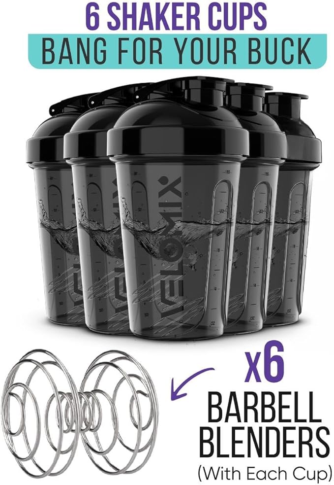-6 PACK- Shaker Cups for Protein Shakes 20 oz - 6x Wire Whisk | Leak Proof Protein Shaker Bottle for Protein Shakes, Shaker Bottle Pack for Pre & Post Workout, Shaker Cup (ALL IN BLACK)