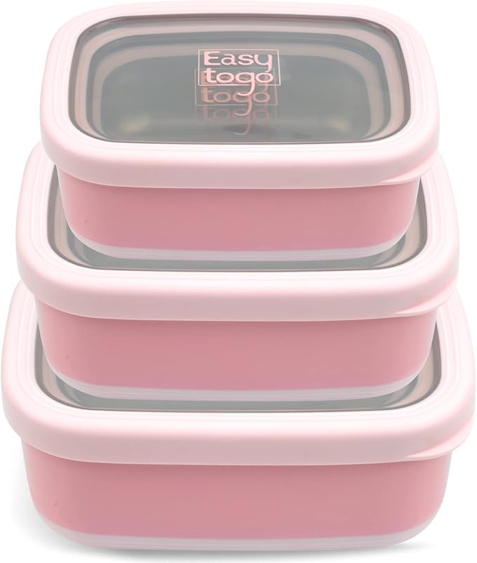 3 Pack Stainless Steel Food Containers with Silicon Lid & Non-Slip Exterior, LeakProof, Airtight Rectangular Portion Control Storage Lunch Box, Togo Lunch Containers for Adults - Pink