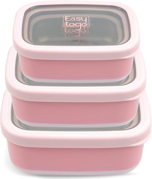 3 Pack Stainless Steel Food Containers with Silicon Lid & Non-Slip Exterior, LeakProof, Airtight Rectangular Portion Control Storage Lunch Box, Togo Lunch Containers for Adults - Pink