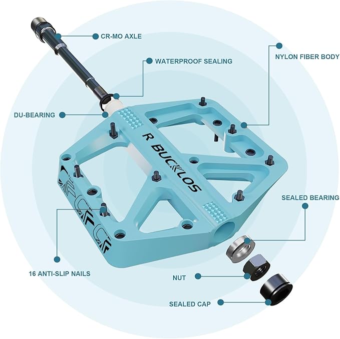 BUCKLOS Mountain Bike Pedals MTB Pedals Flat, Adult Bicycle Road Bike Large Platform Nylon Non-Slip Pedal for Gravel Bike/Hybrid Bike 9/16"