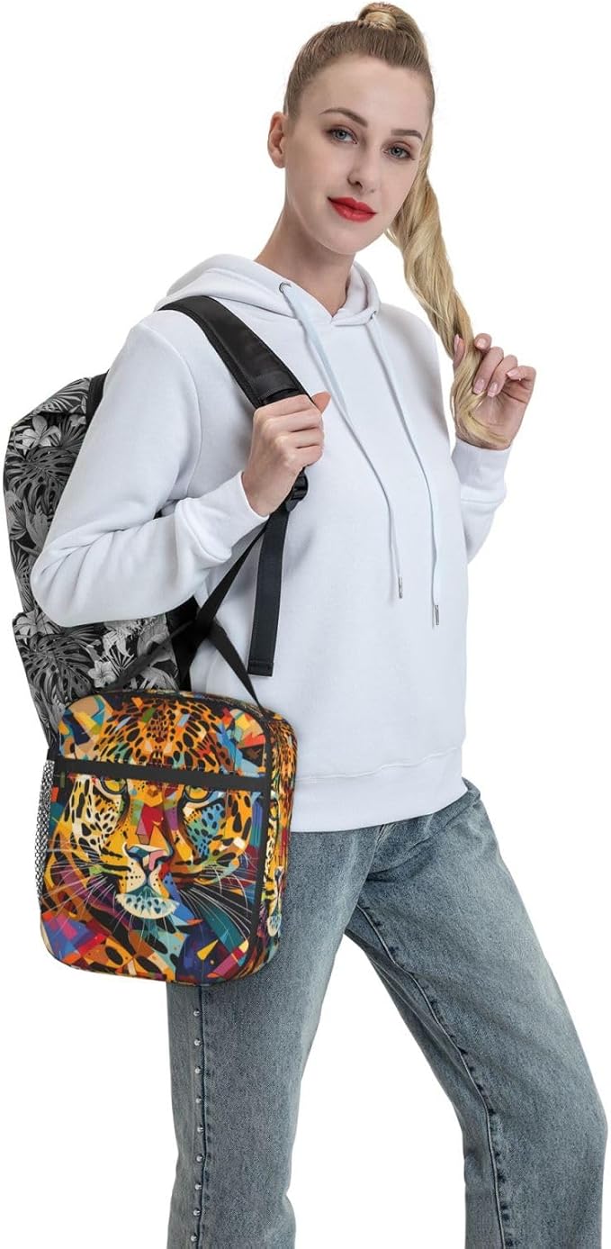 Colorful Leopard Face Pattern Insulated Lunch Box Gifts for Kids Adults Vibrant Cheetah Print Reusable Portable Lunchbox Cooler Lunchbag for Work Picnic School Travel or Hiking