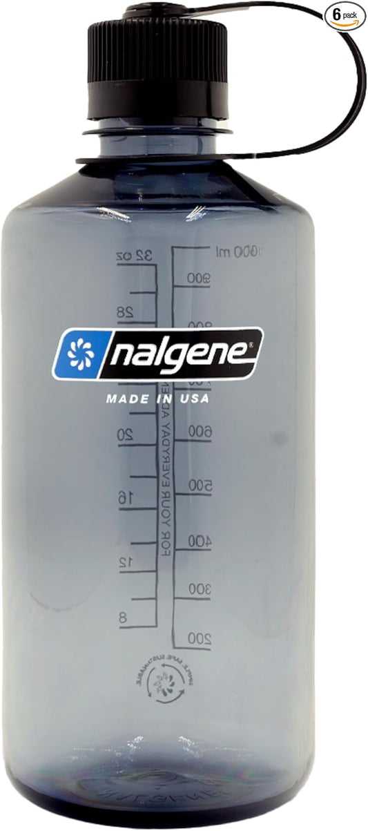 Nalgene Sustain Tritan BPA-Free Water Bottle Made with Material Derived from 50% Plastic Waste (using ISCC certified mass balance), 32 OZ, Narrow Mouth,Grey (Pack of 6)