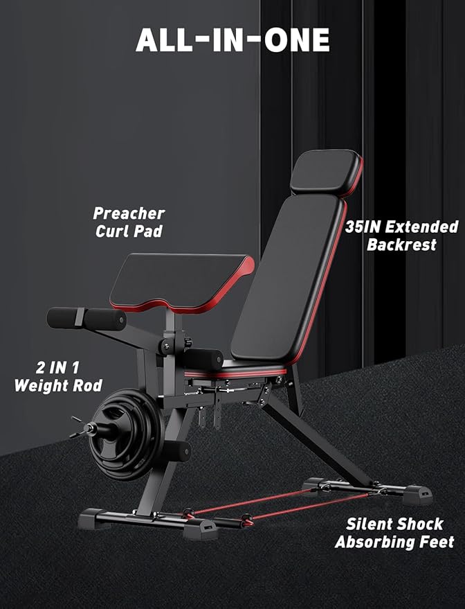 CRYSTAL FIT Adjustable Weight Bench, Professional Workout Bench with Leg Extension and Leg Curl, Heavy Duty Benches with Resistance Bands, Full Body Strength Training for Home Gym