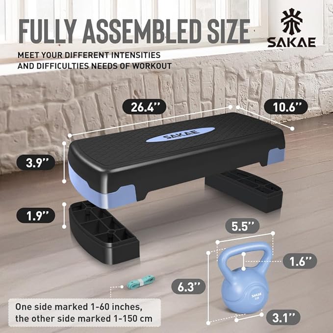 SAKAE Step Aerobics Platform Set with Kettlebell & Measuring Tape, Aerobic Steppers for Exercise at Home, Adjustable Height 2 Level Risers Workout Step Trainer with Non-Slip Surface, Multiple Colors