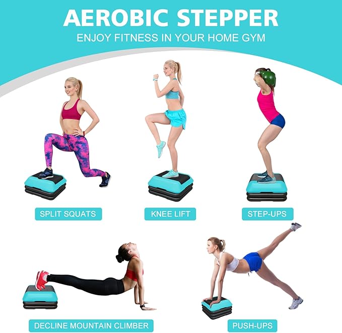 16"x16" Exercise Aerobic Step Platform with 4 Risers, Adjustable Height 4"-6"-8"-10"-12" Workout Stepper for Home Gym Fitness Strength & Training