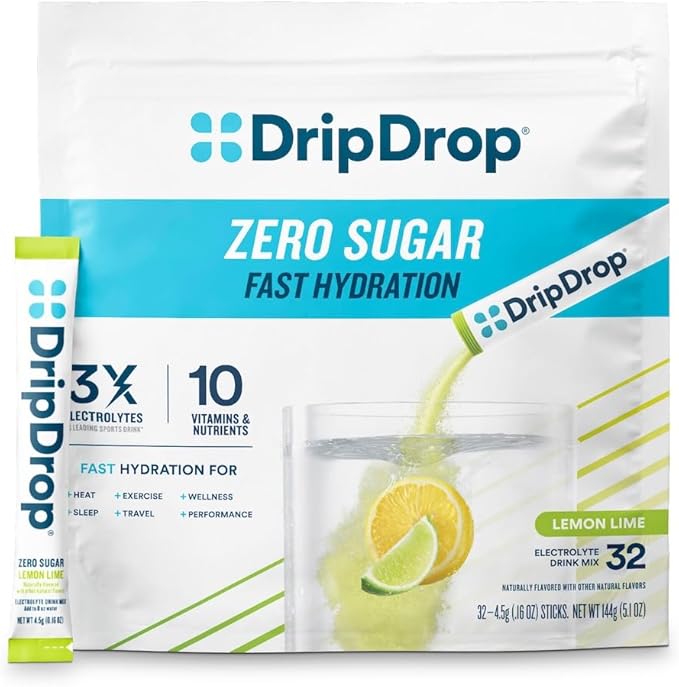 DripDrop Sugar Free Hydration Packets - Zero Lemon Lime - Single Serve Electrolytes Powder Drink Mix - Non-GMO, Gluten Free, Vegan - 32 Sticks