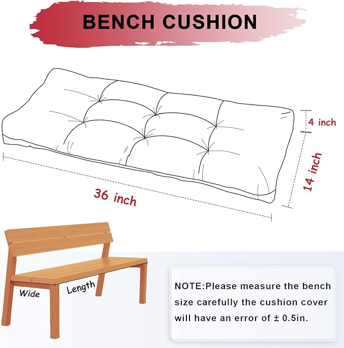 Bench Cushion 36 Inch - Chenille Fabric, High-Density Foam, Non-Slip Bottom, Soft Durable Indoor Tufted Long Seat Cushion for Window Garden Furniture (Red, 36x14x4 Inch)