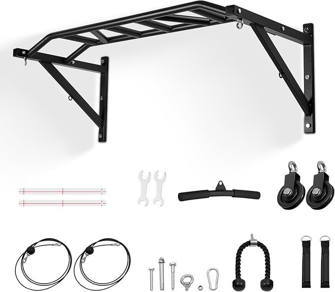 VEVOR Pull Up Bar, Multi-Grip Wall Mounted Pull Ups, 50 in Width Multifunctional Chin Up Training Station, Heavy Duty Steel Upper Body Workout Bars with LAT Pulldown Attachments, 440 lbs, for Home Gym