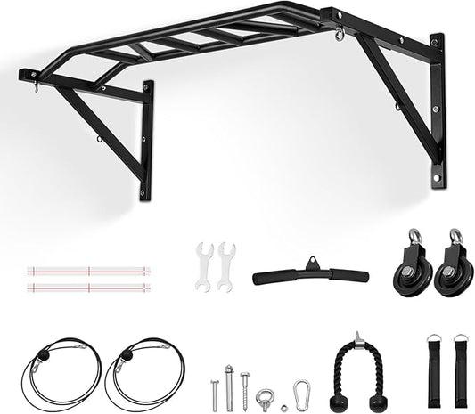 VEVOR Pull Up Bar, Multi-Grip Wall Mounted Pull Ups, 50 in Width Multifunctional Chin Up Training Station, Heavy Duty Steel Upper Body Workout Bars with LAT Pulldown Attachments, 440 lbs, for Home Gym