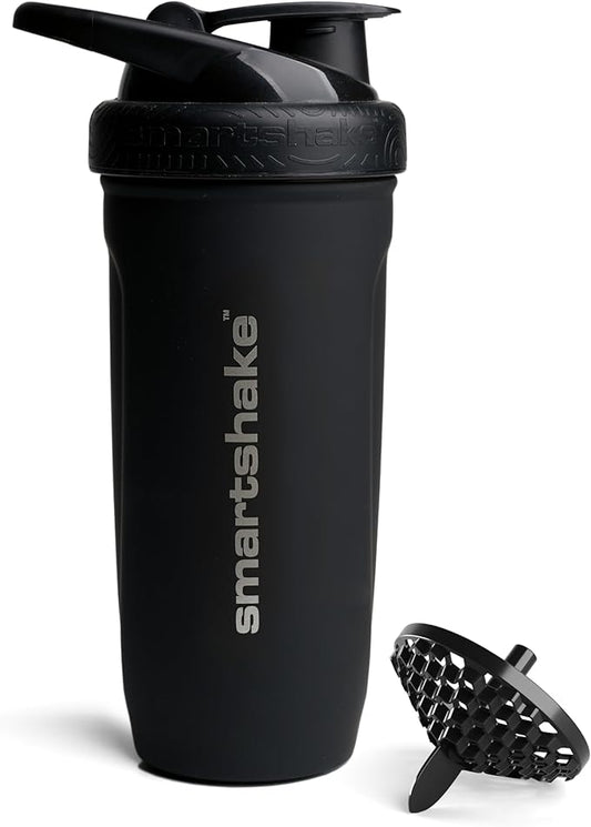 Smartshake Reforce Stainless Steel Protein Shaker Bottle 900 ml | 30 oz - Leakproof Screw-on Lid - BPA Free – Unisex - Non Insulated - Black