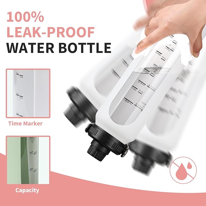 32 oz Glass Water Bottles with 2 Lids-Handle Spout Lid & Straw Lid 1 Liter Motivational Borosilicate Water Bottle with Silicone Sleeve and Time Marker,Leakproof