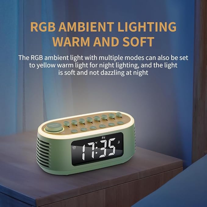 White Noise Machine Bluetooth Speaker, Digital Alarm Clock Sleep Timer with LED Display RGB Night Light, Soothing Natural Sleeping Sound Machine for Baby, Kids, Adults, Bedrooms (Green)