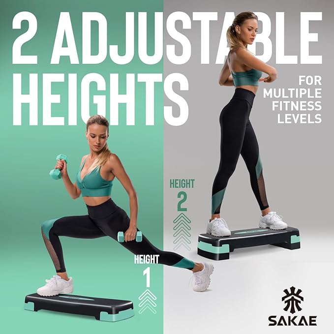 SAKAE Step Aerobics Platform Set with Kettlebell & Measuring Tape, Aerobic Steppers for Exercise at Home, Adjustable Height 2 Level Risers Workout Step Trainer with Non-Slip Surface, Multiple Colors