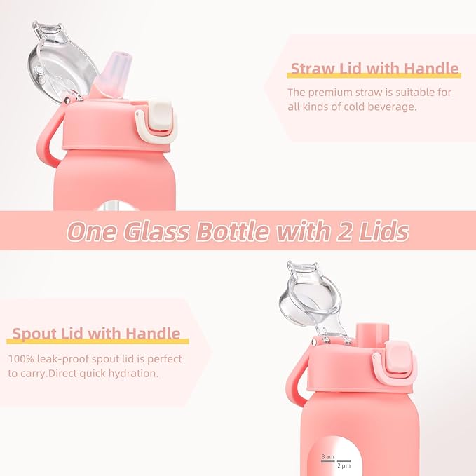 32 oz Glass Water Bottles with 2 Lids-Handle Spout Lid & Straw Lid, 1 Liter Motivational Borosilicate Water Bottle with Time Marker and Silicone Sleeve,Leakproof-Pink-1 Pack