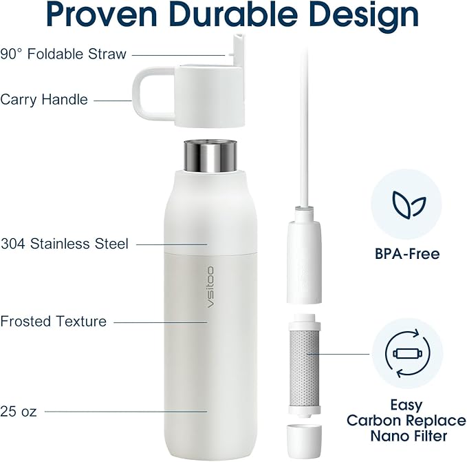 VSITOO 25oz Insulated Water Bottle With Filter for Travel ,316 Stainless Steel, BPA-Free,Reusable,Replaces 300 Plastic Water Bottles, Improves Taste, for Hiking, Cycling, Gym & Outdoor Use, White