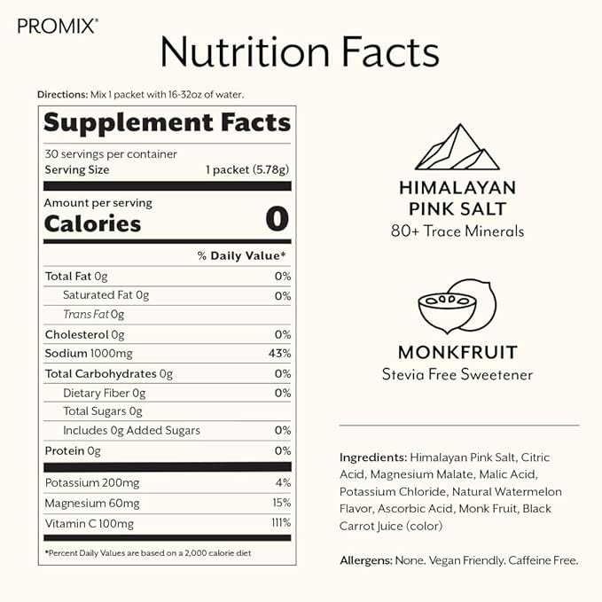 ProMix Nutrition Electrolytes Powder Hydration Packets - Himalayan Pink Salt, Magnesium, Potassium, Vitamin C - Salted Watermelon, Lightly Sweetened - 30 Servings (Pack of 30)