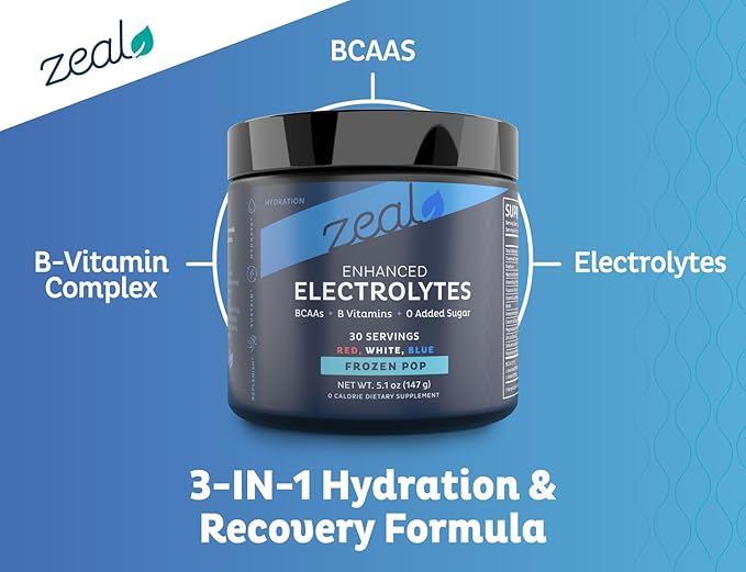 Zeal Electrolyte Powder Recovery Drink (30 Servings | Red White Blue Frozen Pop) w 0 Sugar +BCAAs +B-Vitamins Electrolyte Supplement w Potassium Zinc & Magnesium for Hydration - Keto Electrolytes
