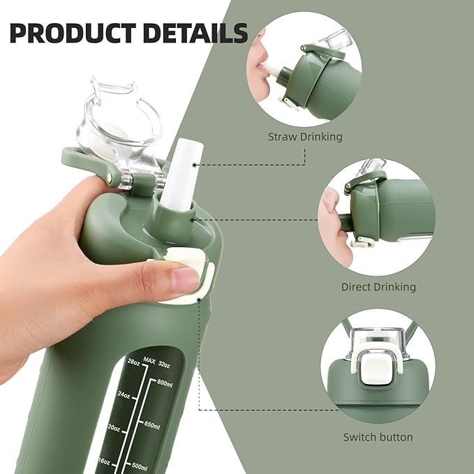 32 oz Glass Water Bolttles with Straw Large Motivational Water Bottle with Time Marker Sports Water Bottles with Silicone Sleeve and Handle Lid Water Jug for Gym Workout