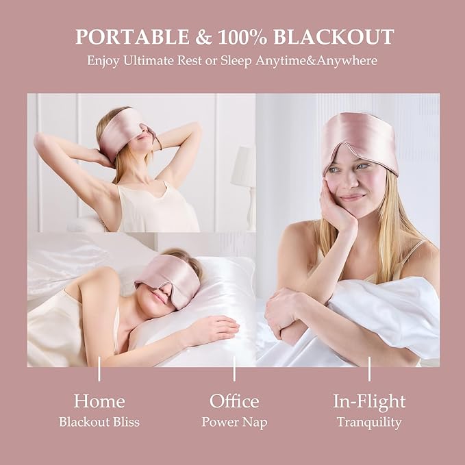 100% Mulberry Silk Sleep Mask, Large Size Travel Eye Masks for Side Sleepers, Adjustable Sleeping Mask for Women and Men, 100% Blackout Eye Mask for Sleeping Soft Pink