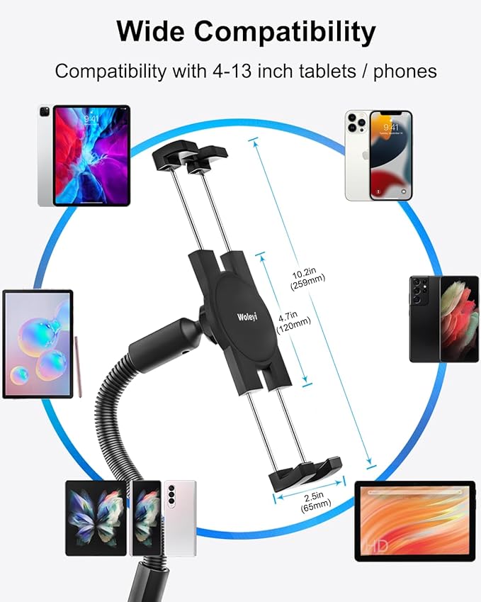 Gooseneck Tablet Holder for Wheelchair/Stroller/Golf Cart/Boat/Mic Stand/Indoor Cycling Bike/Gym Bicycle Handlebar Clamp, Compatible with 4.7-13" iPad Pro/Air/Mini, iPhone, Galaxy, Fire HD, E-Book