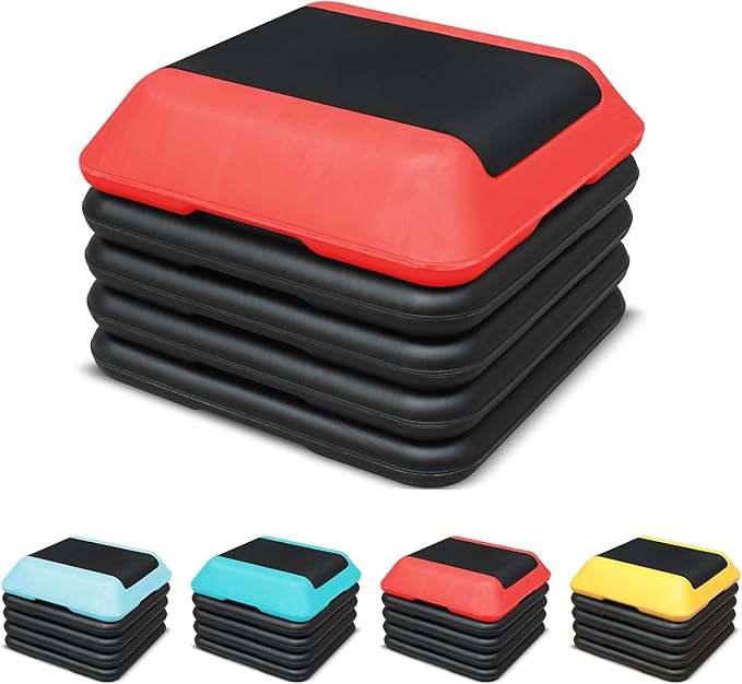 16"x16" Exercise Aerobic Step Platform with 4 Risers, Adjustable Height 4"-6"-8"-10"-12" Workout Stepper for Home Gym Fitness Strength & Training