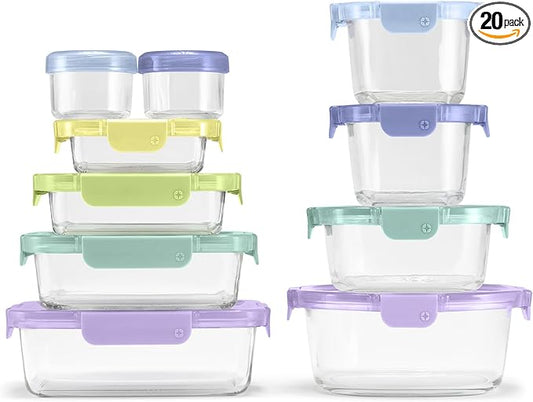 Ello Color Lock 20PC Mixed Glass Food Storage Sets, Leak-Proof Glass Food Storage Containers with Airtight BPA-Free Plastic Lids, Dishwasher, Microwave, and Freezer Safe, Purple Rain