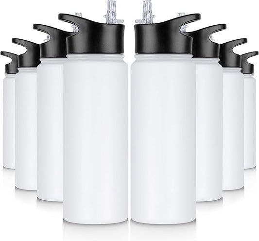 24 oz Insulated Water Bottle Bulk 8 Pack, Stainless Steel Sports Water Bottles with Straw Lid & Wide Mouth Lids, Double Walled Vacuum, Leak Proof, White