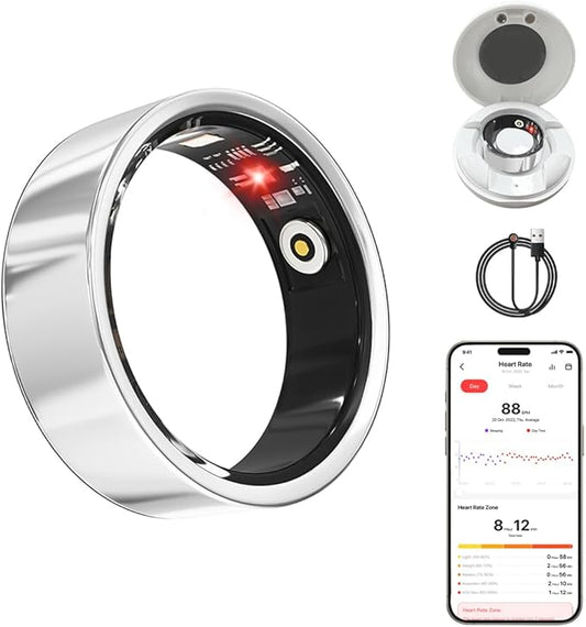 Smart Health Ring for Women Men Fitness Tracker with Heart Rate, Blood Oxygen, HRV, Sleep Monitoring, Step Counting, IP68 for iPhone and Android, No Subscription Fee (Silver, 8#)