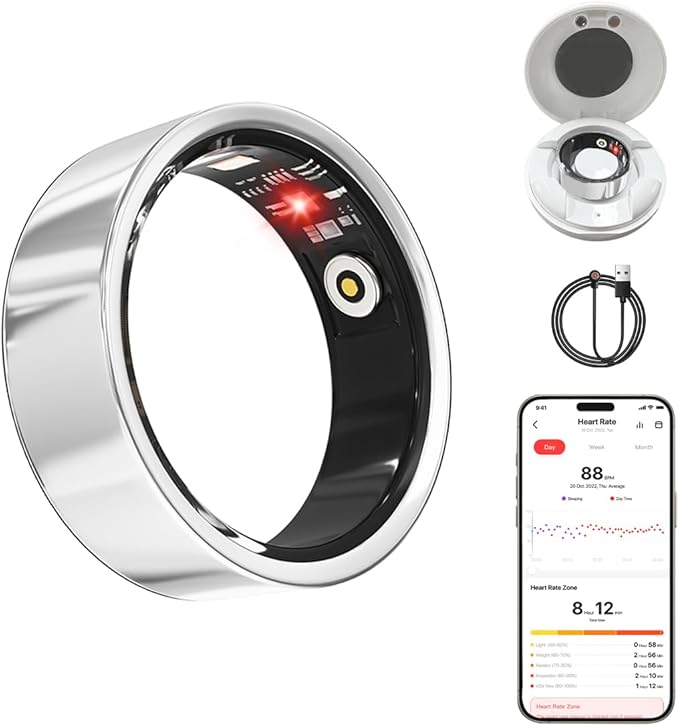 Smart Health Ring for Women Men Fitness Tracker with Heart Rate, Blood Oxygen, HRV, Sleep Monitoring, Step Counting, IP68 for iPhone and Android, No Subscription Fee (Silver, 8#)