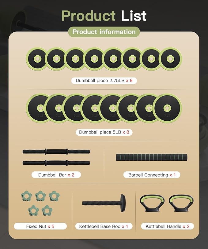 Adjustable Dumbbell Set 22/42/62LBS, 5-in-1 Free Weight Dumbbell Set Used as Dumbbell,Kettlebell,Barbell, Push-Up Stand,Weight Plate, Iron Sand Weights Set with Connector ,Fitness Exercises for Home Gym Suitable Men/Women