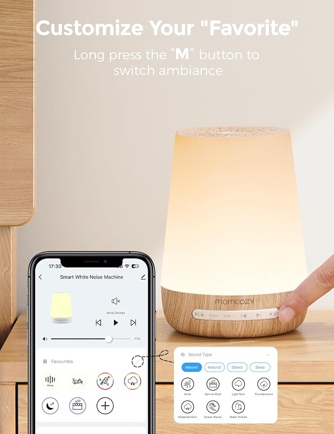 Baby Sound Machine, Momcozy White Noise Machine for Baby Sleeping with Night Light, Toddler Sleep Trainer with 34 Soothing Sounds, Timer, App Remote Control, Personal Sleep Routine(Wood Grain)